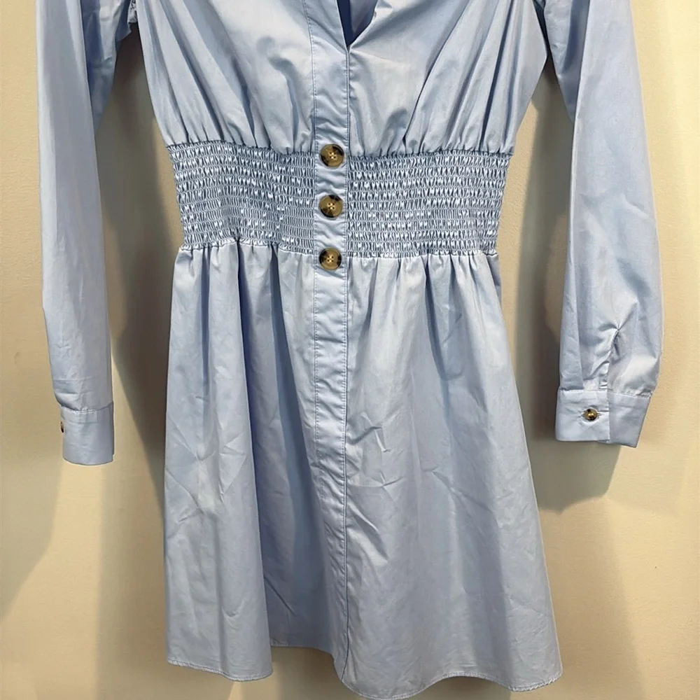 River Island Blue Cotton Blend Long Sleeve Elastic Waist Mini Shirt Dress Size 2 - Picture 4 of 7